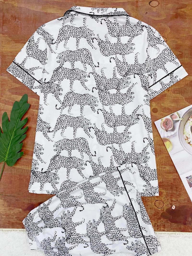 Women's Cheetah Print Short Sleeve Pajama, Casual Comfy Pocket Lapel Shirt & Elastic Waist Shorts PJ Set, Ladies Sleepwear for Summer, Loungewear