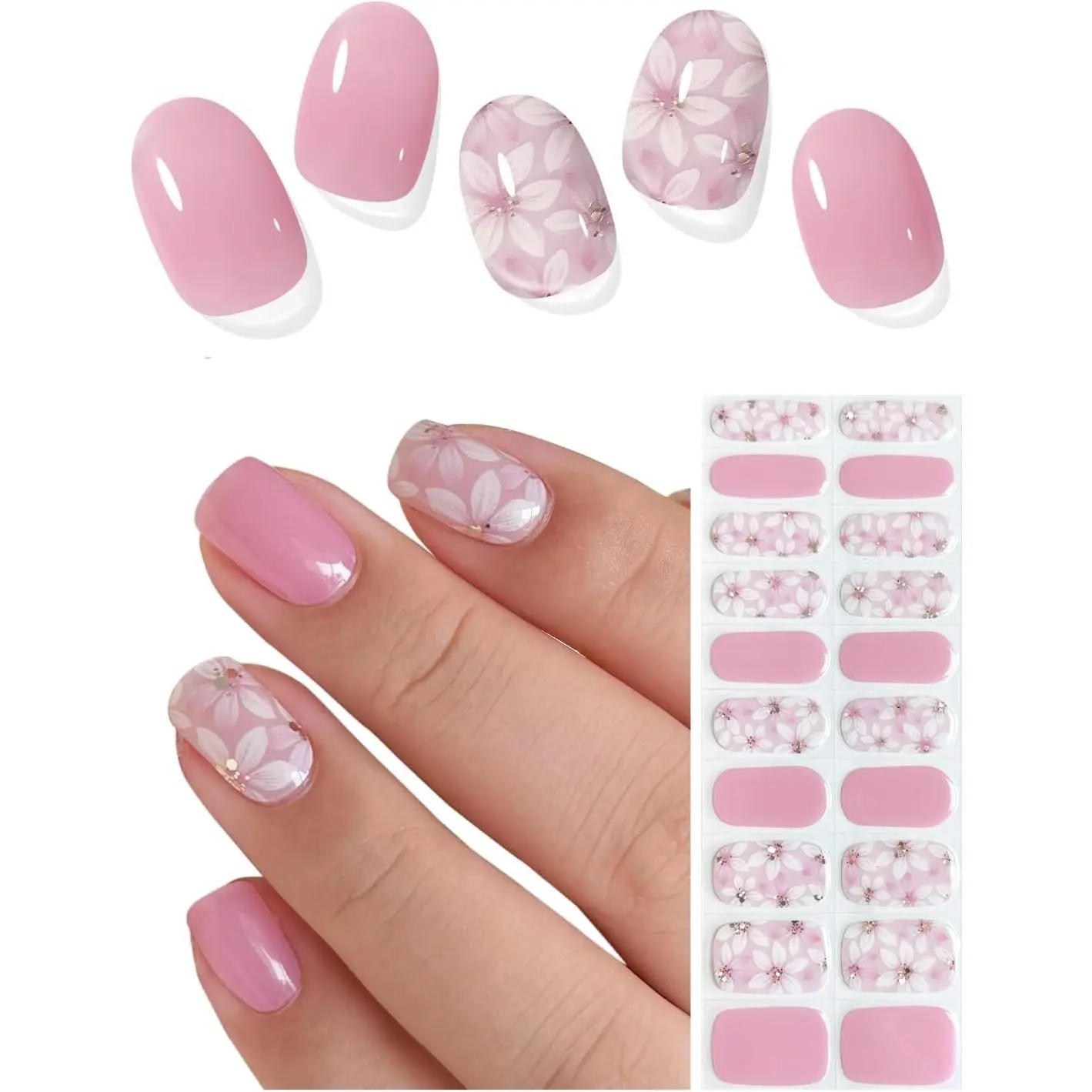 Semi Cured Gel Nail Strips, 20 Pcs Violet & Pink Flower Nail Art Stickers, Long Lasting with Salon Quality Finish, Requires UV Lamp, Nail Supplies