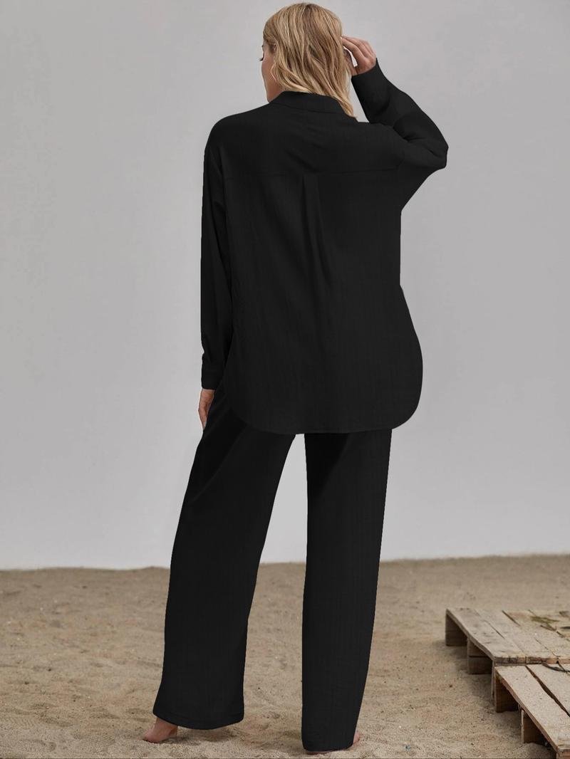 Two-piece Set Women's Solid Color Button Front Shirt & Wide Leg Pants, Casual Comfy Set for Daily Wear, Ladies Clothes for All Seasons, Casual Lounge Set