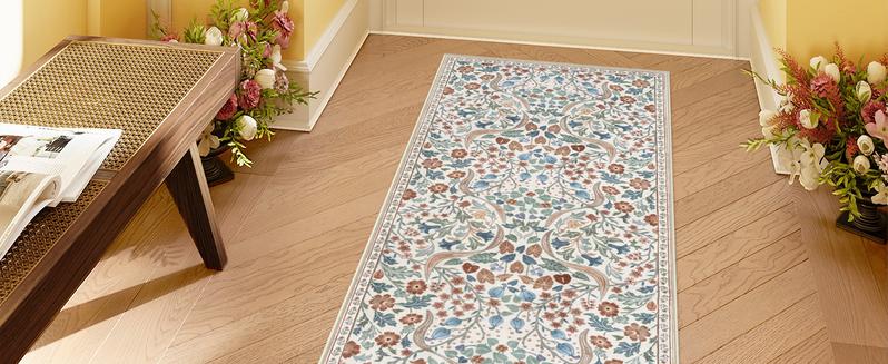 Moynesa Floral Washable Faux Cashmere Rugs, 8x10 Area Faux Cashmere Rug for Living Room, Soft Large Boho Bedroom Faux Cashmere Rugs, Flower Non Slip Ultra Thin Botanical Carpet for Dining Room Nursery Office, Beige