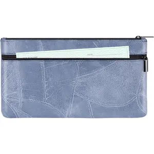 Money Bag with Zipper 11 x 6.1 inch Embossed Deposit Money Pouch with Lined PU Leather Bank Bag Two Pockets Utility Wallet  Cash Check Receipt Coins Cosmetics, Pale Blue