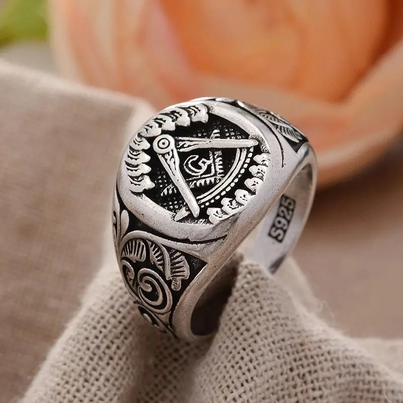 Original Design Freemason Logo Retro Thai Silver Unisex Rings Promotion Jewelry For Women Men Cheap Gifts