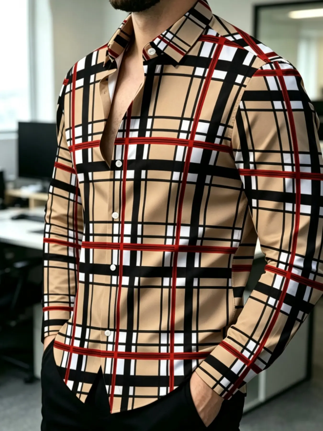 Striped Gingham Men's Long Sleeve Shirt, Casual Slim-Fitting Top, Full Placket Design, All Seasons Wear, Unlined Clothing