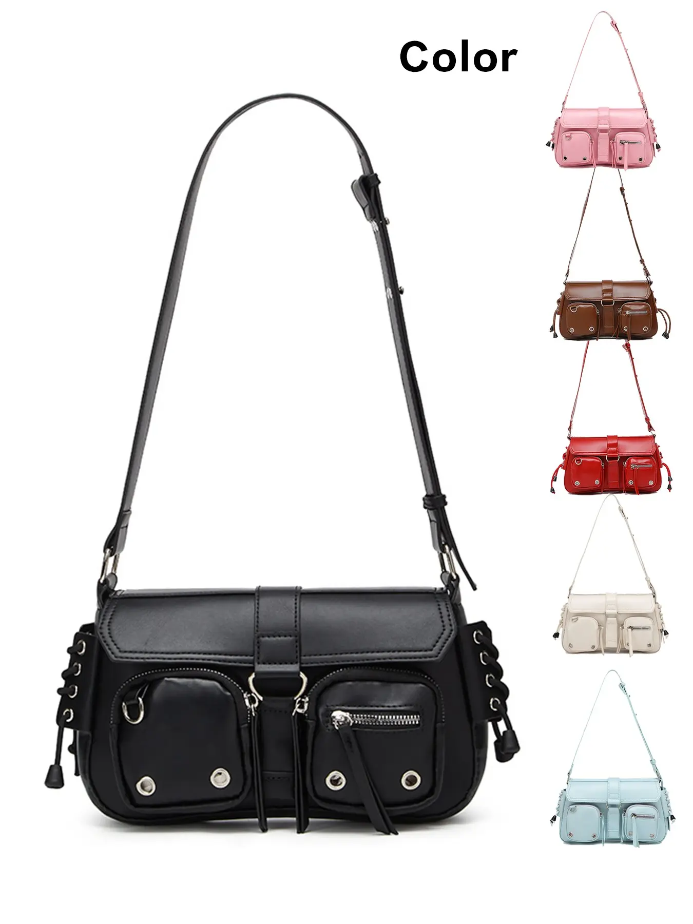 Functional Multi-Pocket Motorcycle Shoulder Bag, Rivet Strap Wide Shoulder Belt, Retro Workwear Crossbody Bag, Street Style Women's Single Shoulder Bag, Everyday Crossbody Bag, Casual Shoulder Bag