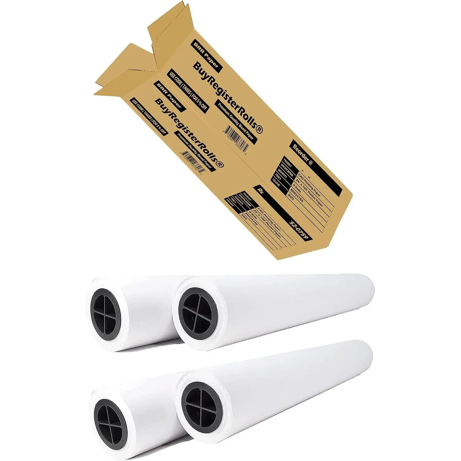 24'' x 150' Premium Plotter Paper, 4 Rolls, 20 lb Uncoated 96 Bright White CAD Paper, 75 GSM, 2'' Core, for Inkjet Printers, Engineers, Architects & Copy Shops