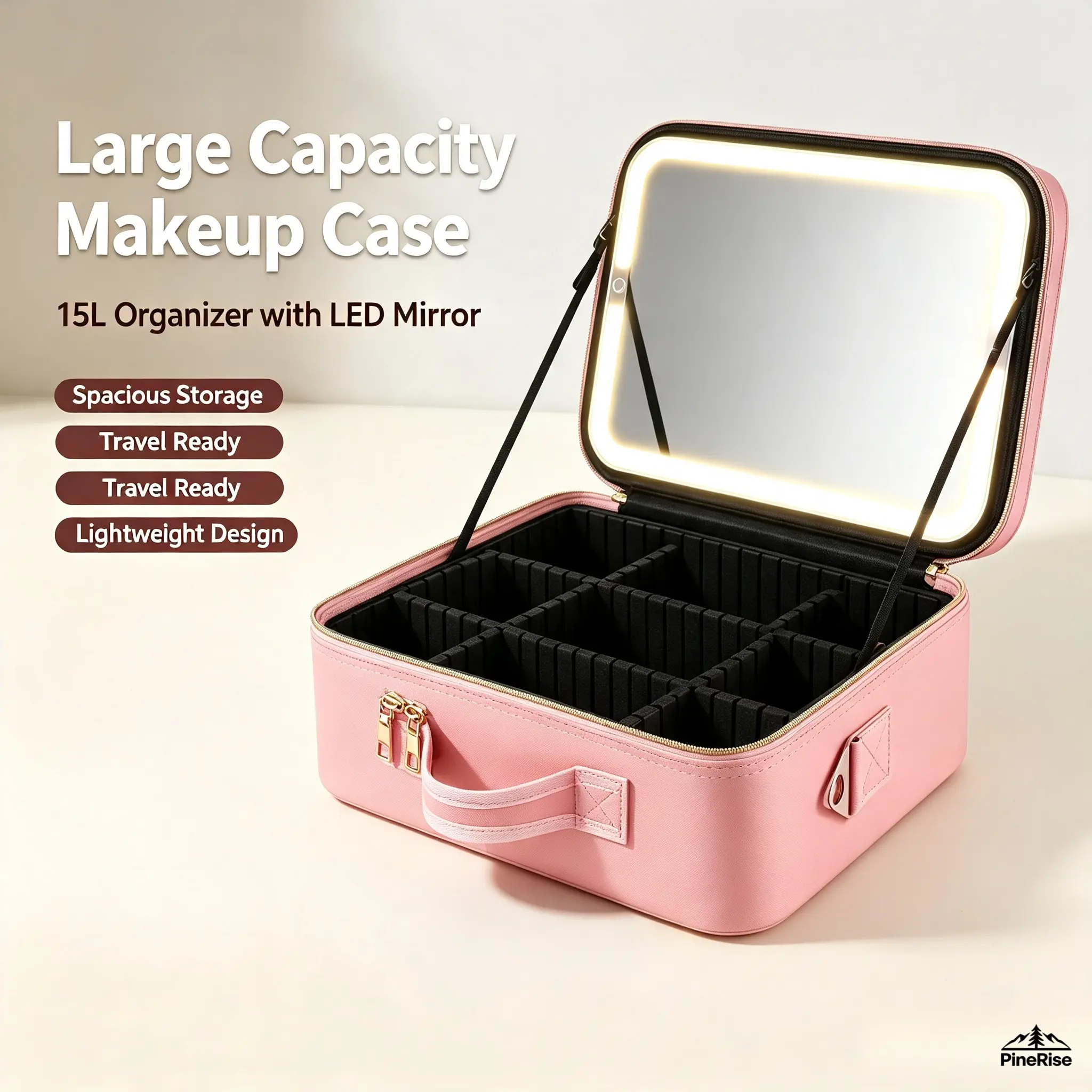 Vertical Multifunctional Travel Makeup Organizer Bag with LED Mirror, Detachable EVA Dividers, Waterproof TPU, Zip Closure, Large Capacity, Travel Ready Cosmetic Storage Case for Outdoor Camping, Vacation – Perfect Holiday Gift for Family, Large Capacity