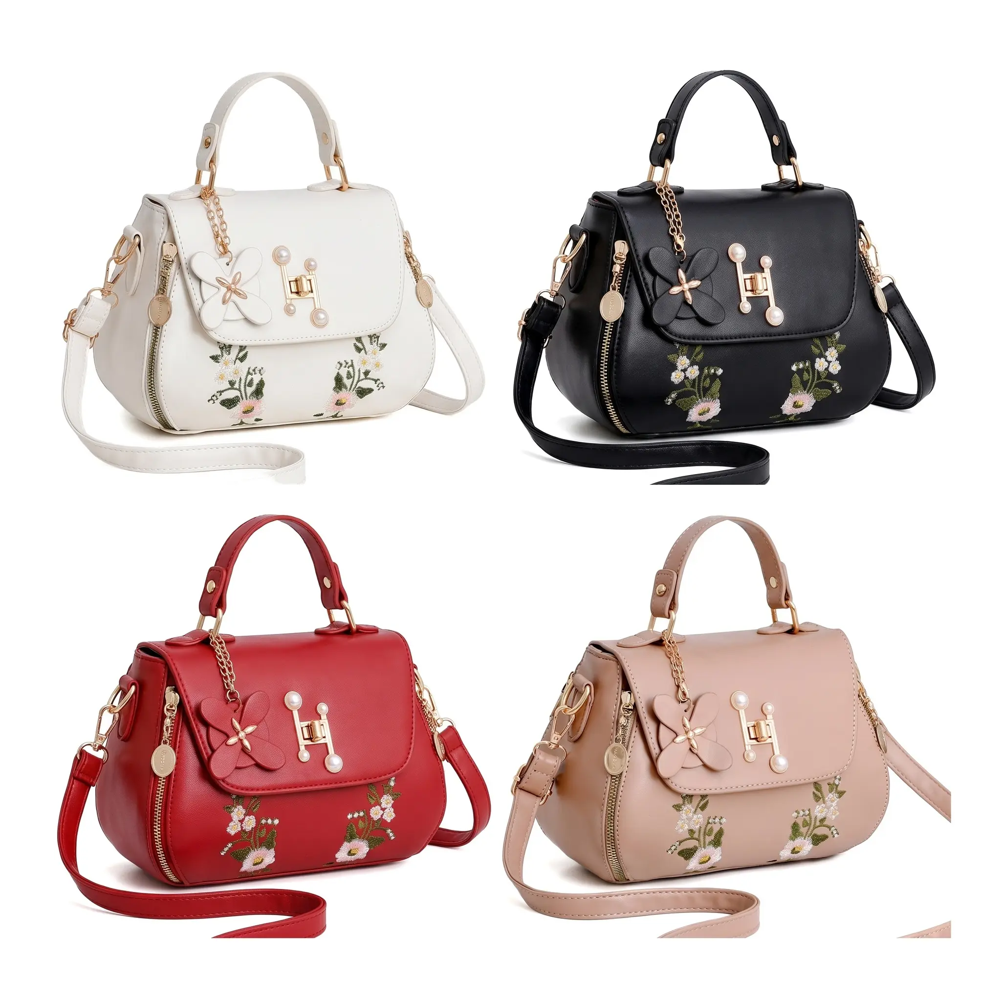Women's Medium Cozy PU Crossbody Saddle Bag - Embroidered Flap, Zippered Compartment, Soft Everyday Essential for Daily Street Style - Available in Wine Red, Khaki Green, Black, Off White, Pink