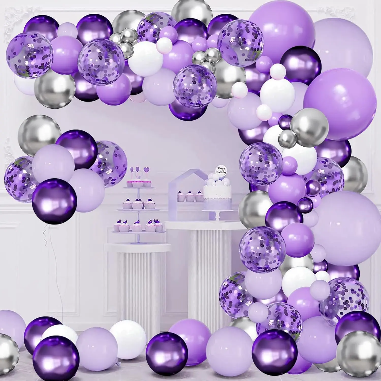 Purple Balloons Garland Arch Kit,144pcs Lavender Purple Pastel Purple Confetti Balloons with Silver White Ballons for Butterfly Bridal Shower Birthday Wedding Party Decoration