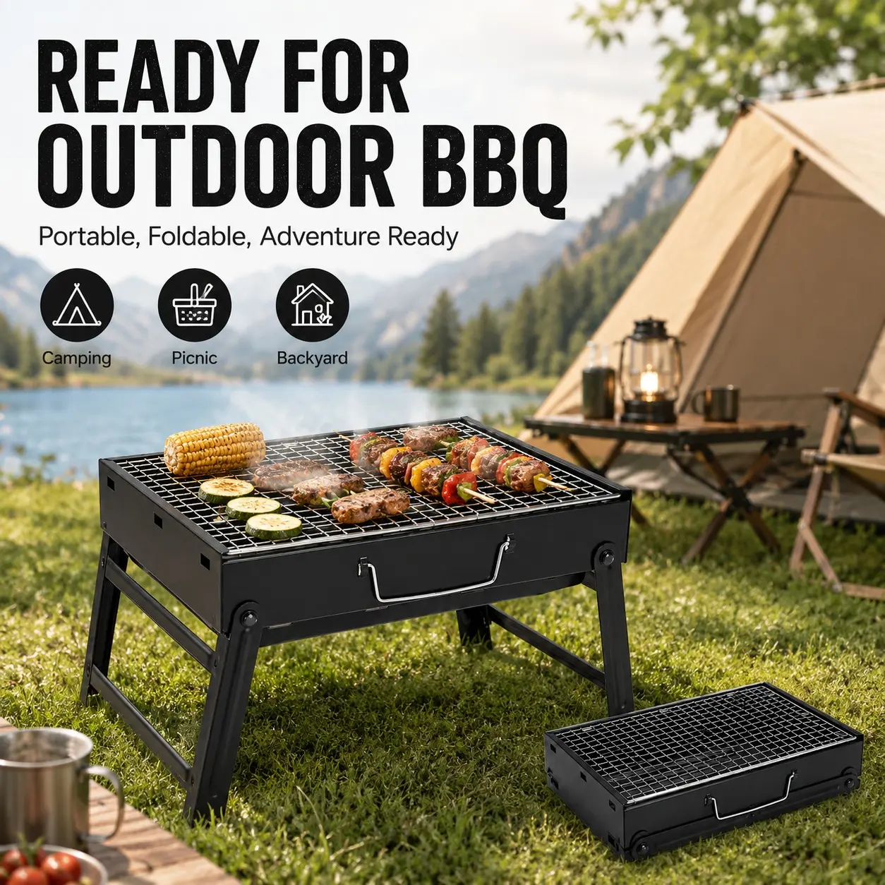 1pc Lightweight Portable Outdoor IGT Folding BBQ Grill, Foldable+IGT+Heat Resistant Handle+Adjustable Height+Carry Bag+Heavy Duty+Multi. Camping/Backyard/Party/Hiking/Fishing/BBQ/Road Trip/Beach/Picnic