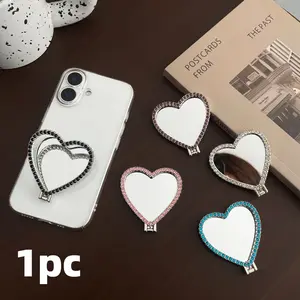 Heart-Shaped Mirror Phone Stand with Rhinestones, Adhesive Extendable Foldable Design, Multi-Color Options, Perfect Holiday Gift
