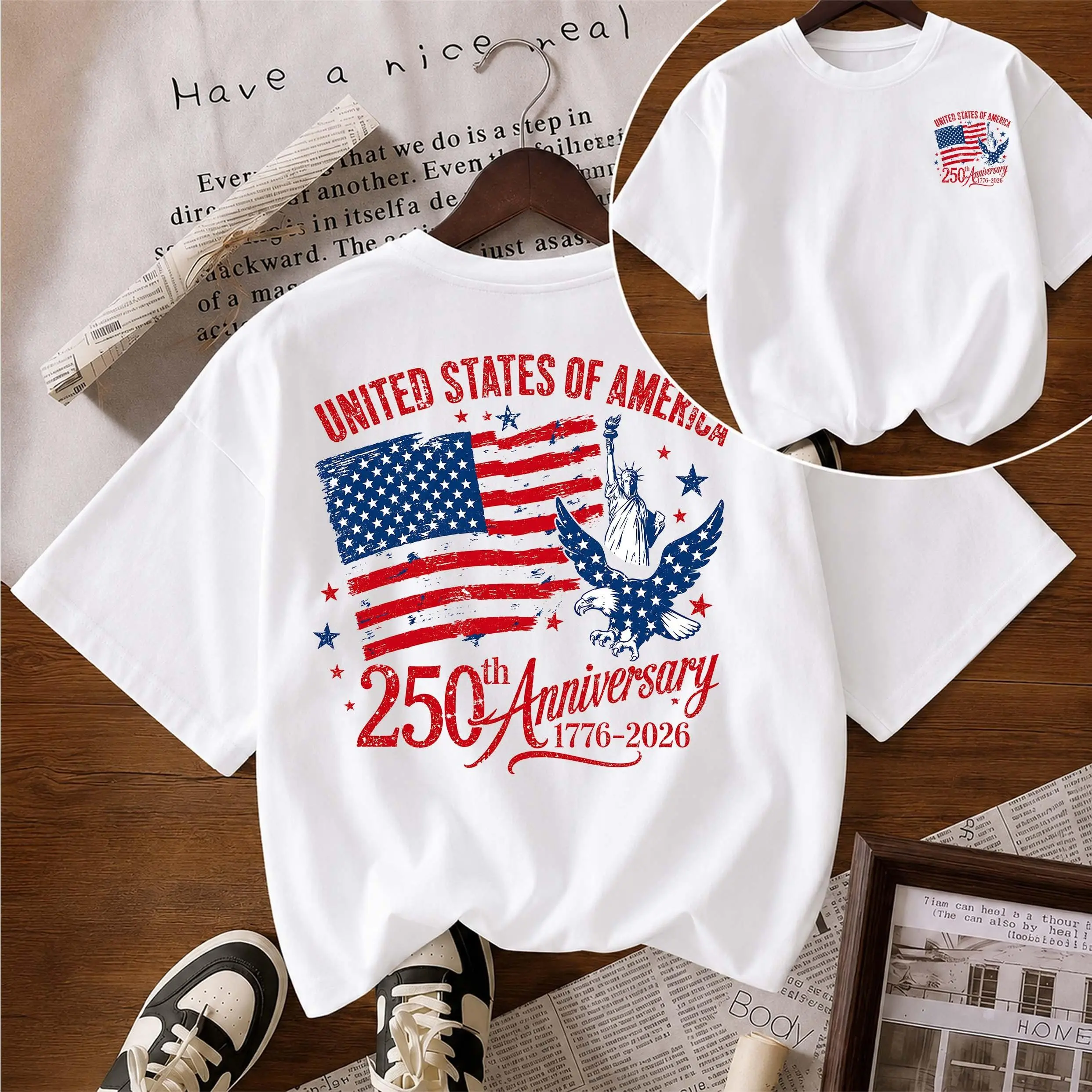 Women's Pure Cotton Short-Sleeve T-Shirt ("America's 250th Anniversary") — A Unisex Casual Staple, Particularly Ideal For Spring And Summer Wear. Featuring A Cool Graphic Design And A Classic Crew-Neck Cut, It Is Suitable For All Four Seasons.