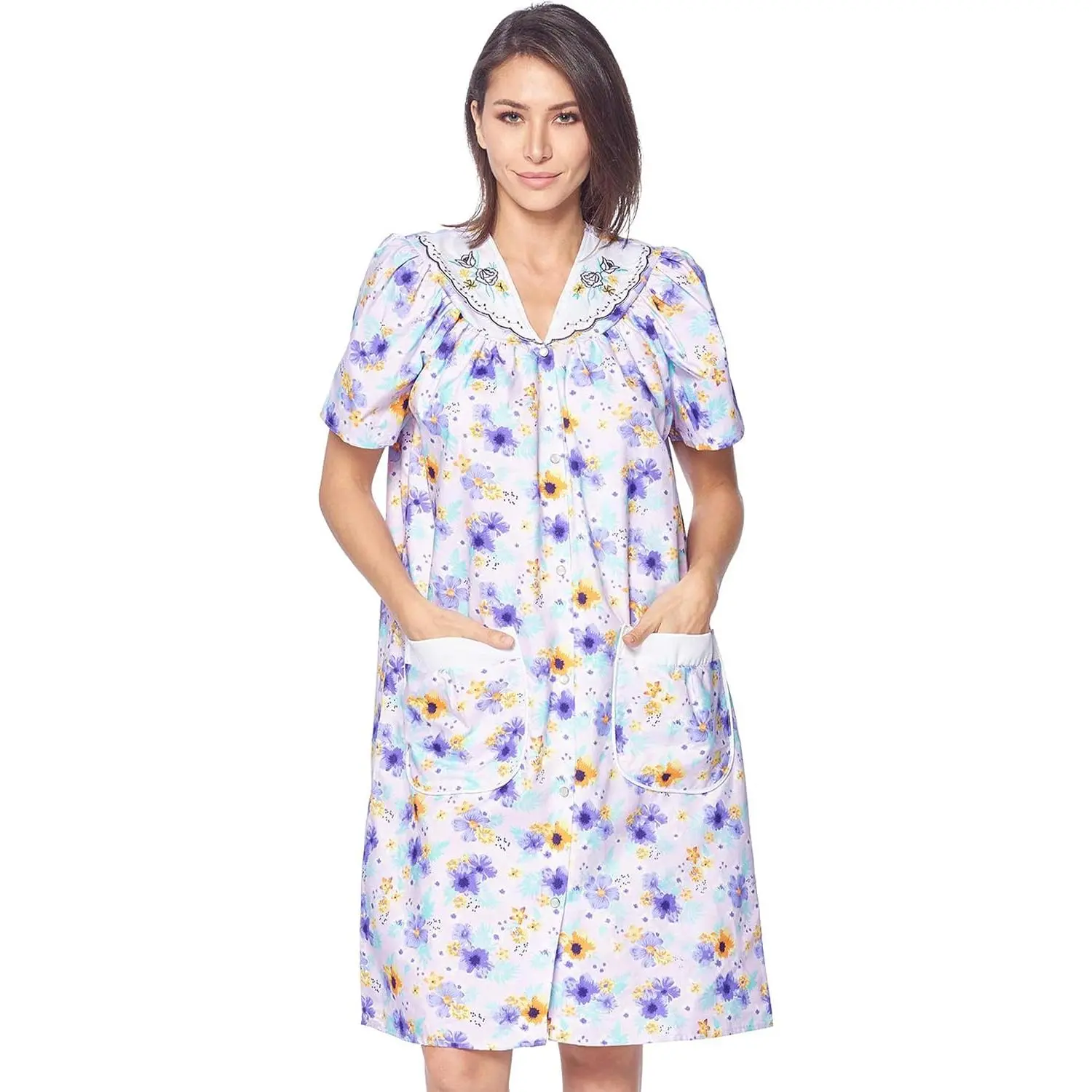 Nights Women's Snap - Front House Dress Short Sleeve Woven Housecoat Duster Lounger Robe with Pockets