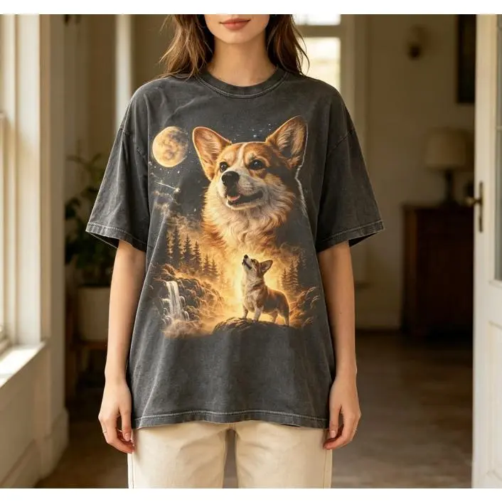 Howling Corgi Full Moon Forest Waterfall Vintage Washed Grey Cotton Oversized T-Shirt, Night Landscape Corgi Dog Lover Casual Outfit, Best Gift For Welsh Corgi Fan Nature Streetwear Tee