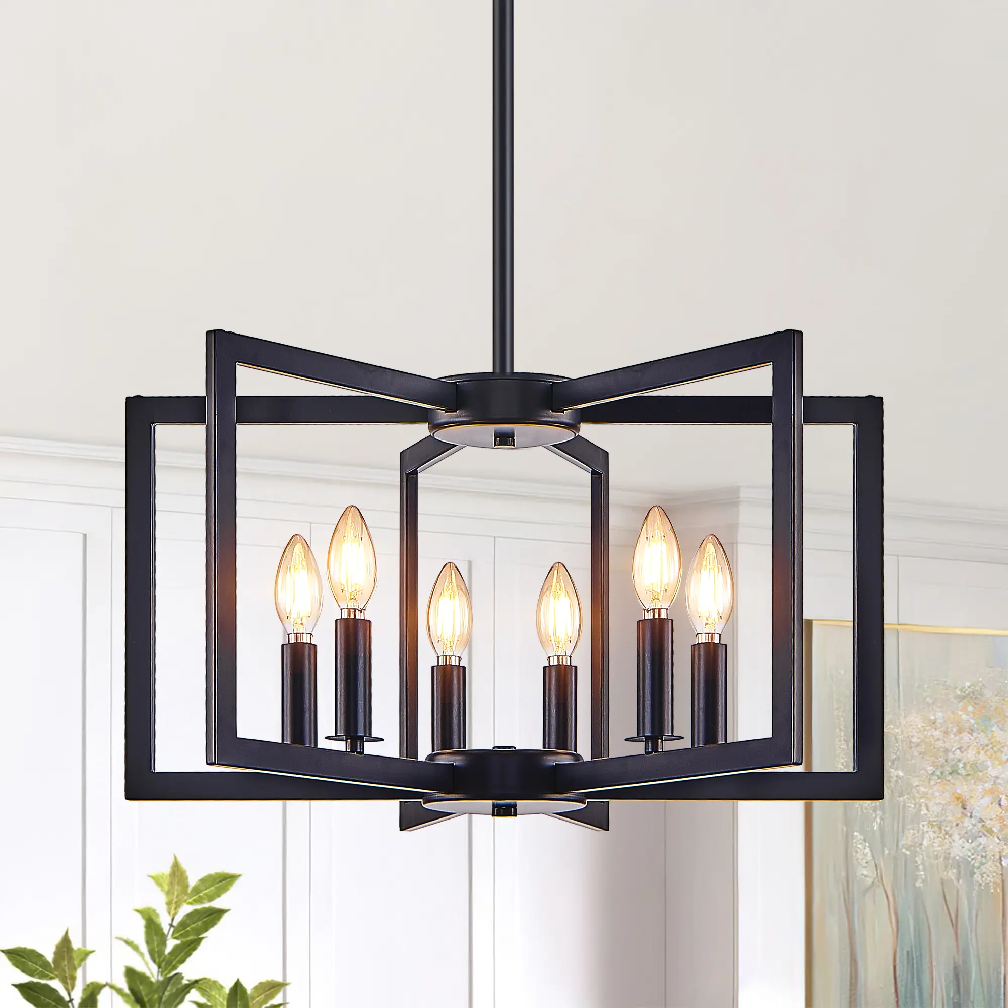 22" ARCH Modern Black Geometric 6-Light Industrial Metal Pendant Chandelier, Ceiling Hanging Lamp for Living Room, Dining Room (Bulb Not Included) – Indoor Furniture Fixture