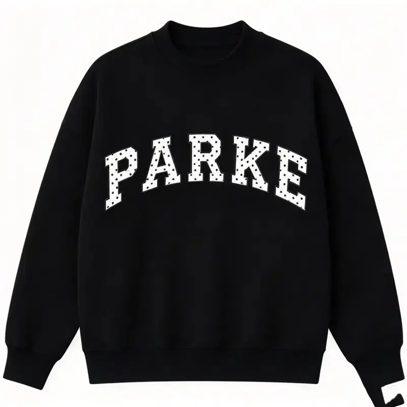 PARKE Letter Polka Dot Aesthetic Graphic Print Sweatshirt, Casual Loose-Fit Premium Blend Pocket Streetwear Pullover, Urban Trendy Top For Daily Wear Outfits