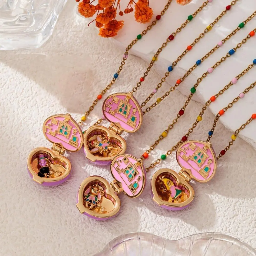 Heart-Shaped Openable Locket Necklace, Enamel Magic Box Pendant with Hidden Mini Cartoon Doll Inside, Dream Tiny House Design Colorful Beaded Chain Jewelry Gift