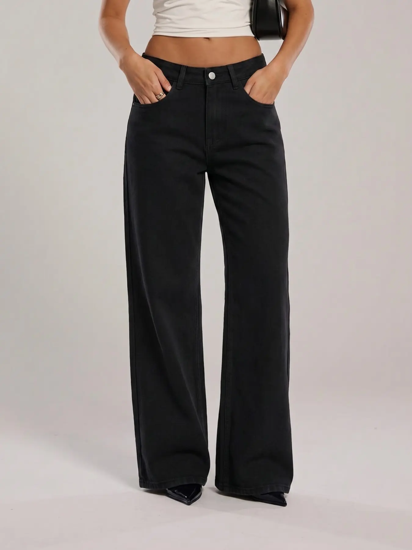 Women's Slim-Fitting Straight Leg Jeans, Denim Jeans Pants, Mid-Waist Loose Wide-Leg Pants, Long Drop Hem, Casual All-Season Wear