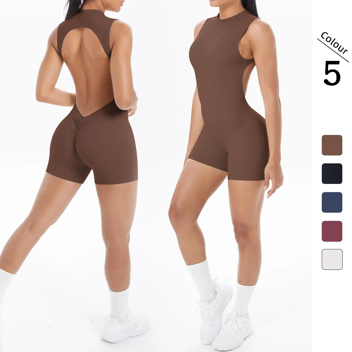 Women's Back Beauty Ruched Butt-Lifter Cropped Jumpsuit - Sports Running Yoga 1-Piece Fitness Outfit
