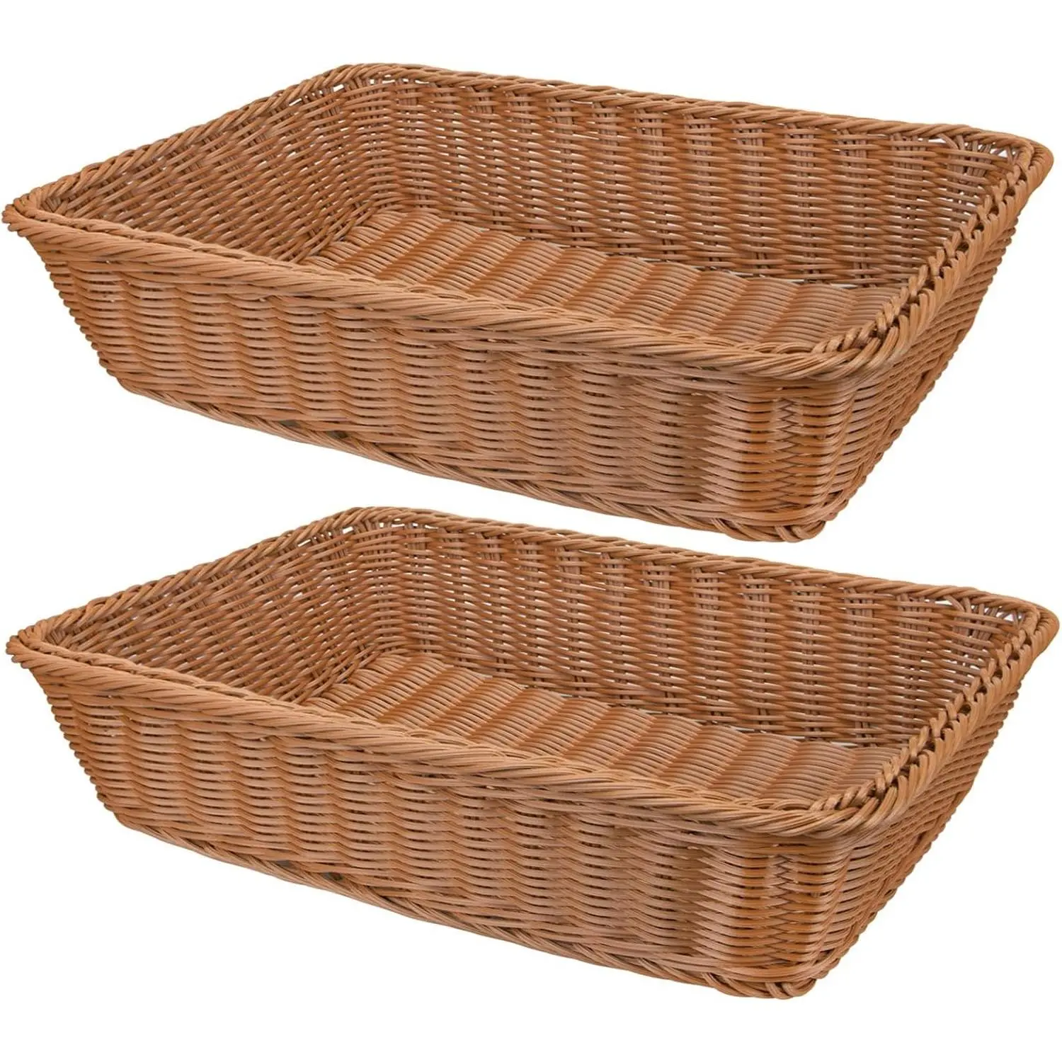 2 Pack Woven Bread Basket, Plastic Wicker Fruit Baskets 15.7 x 11.4 Inch, Imitation Rattan Food Serving Trays for Vegetables, Kitchen, Restaurant, Outdoor, Brown