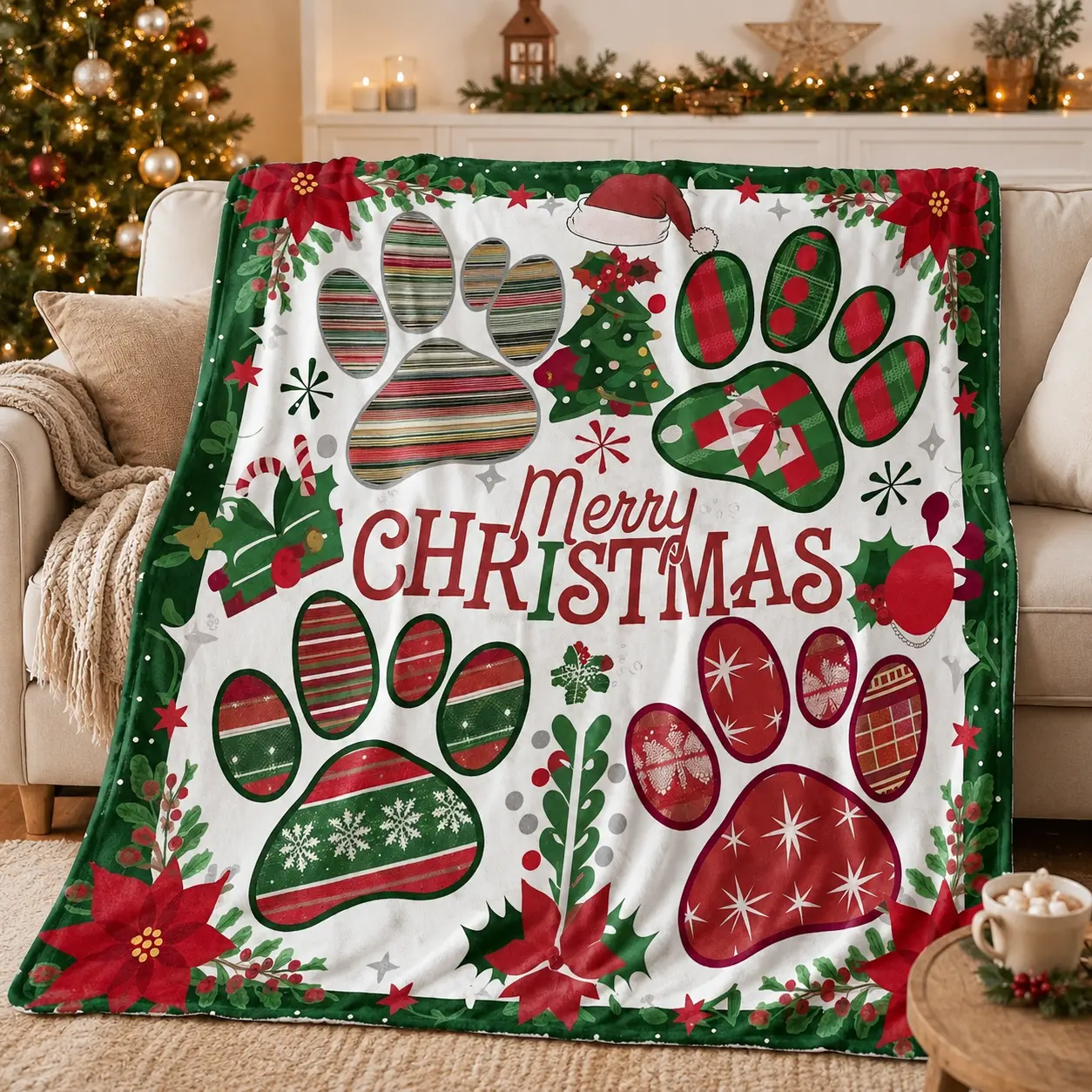 Merry Christmas Paw Print Flannel Fleece Blanket, Holiday Dog Cat Lover Throw Blanket, Red Green Christmas Pet Blanket for Bed Sofa Couch, Festive Home Decor Gift