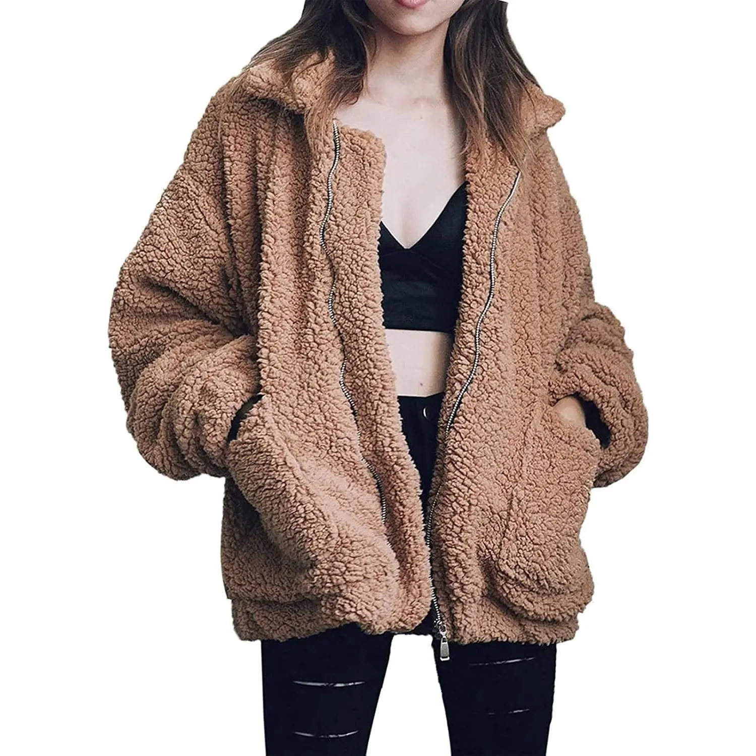 Women's Coat Casual Lapel Fleece Fuzzy Faux Shearling Zipper Coats Warm Winter Oversized Outwear Jackets