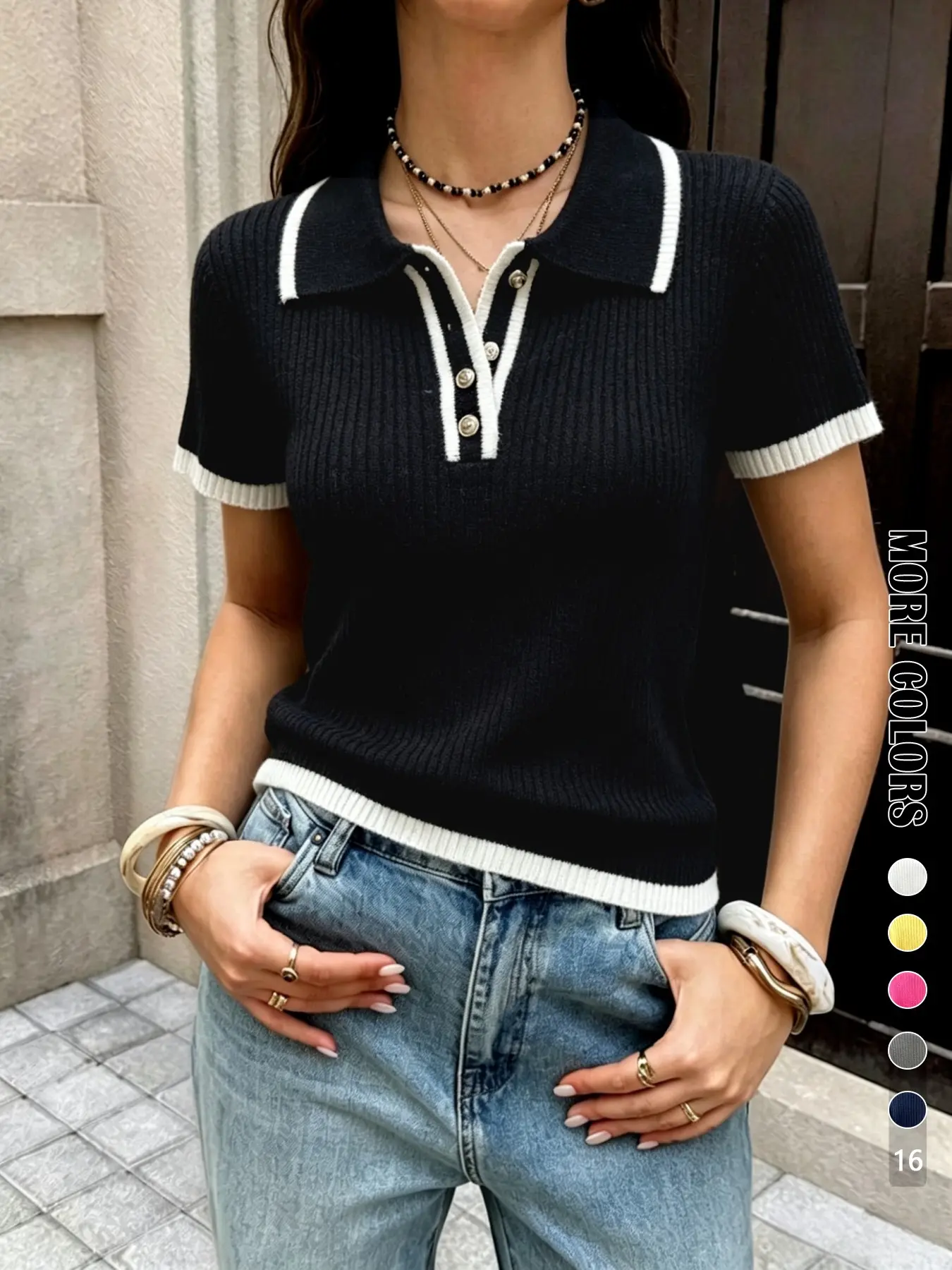 Summer Autumn Simple Style Colorblock Button Collar Pullover, Fashion Casual Elegant Slim Fit Short Sleeve Knit Top for Women