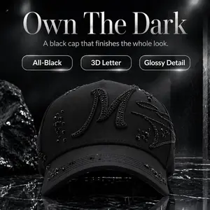 2026 ALL-BLACK 3D M LETTER RHINESTONE BASEBALL CAP Glossy Black Crystal Accents Curved Brim Luxury Dark Hip Hop Streetwear Hat For Men Women