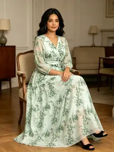 V Neck Seven-Quarter Sleeve Mint Floral Long Dress, Waist-Cinch A-Line Chiffon Dress, Soft and Ethereal Vacation Dress