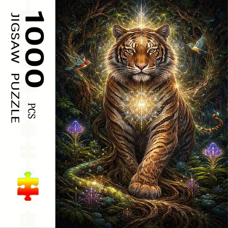 1000 Piece Glowing Tiger Puzzle, Large Adult Family Interactive Toy, DIY Home Decor Brain Challenge, Holiday Theme, Durable Puzzle