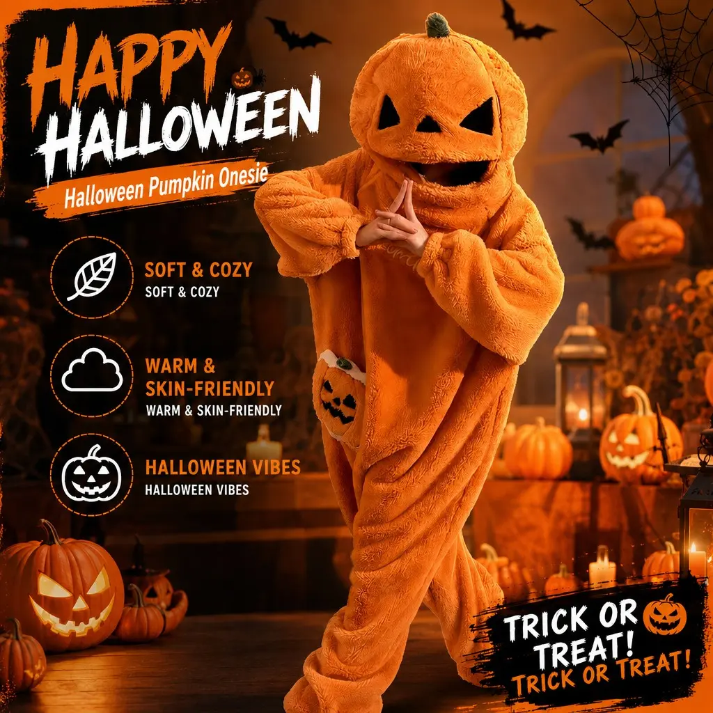 Halloween Pumpkin Onesie for Adults, Oversized Plush Coral Fleece Pajama Bathrobe with Jack-O-Lantern Hood and Padded Feet, Warm Cozy One Piece Loungewear for Women Men (Orange)