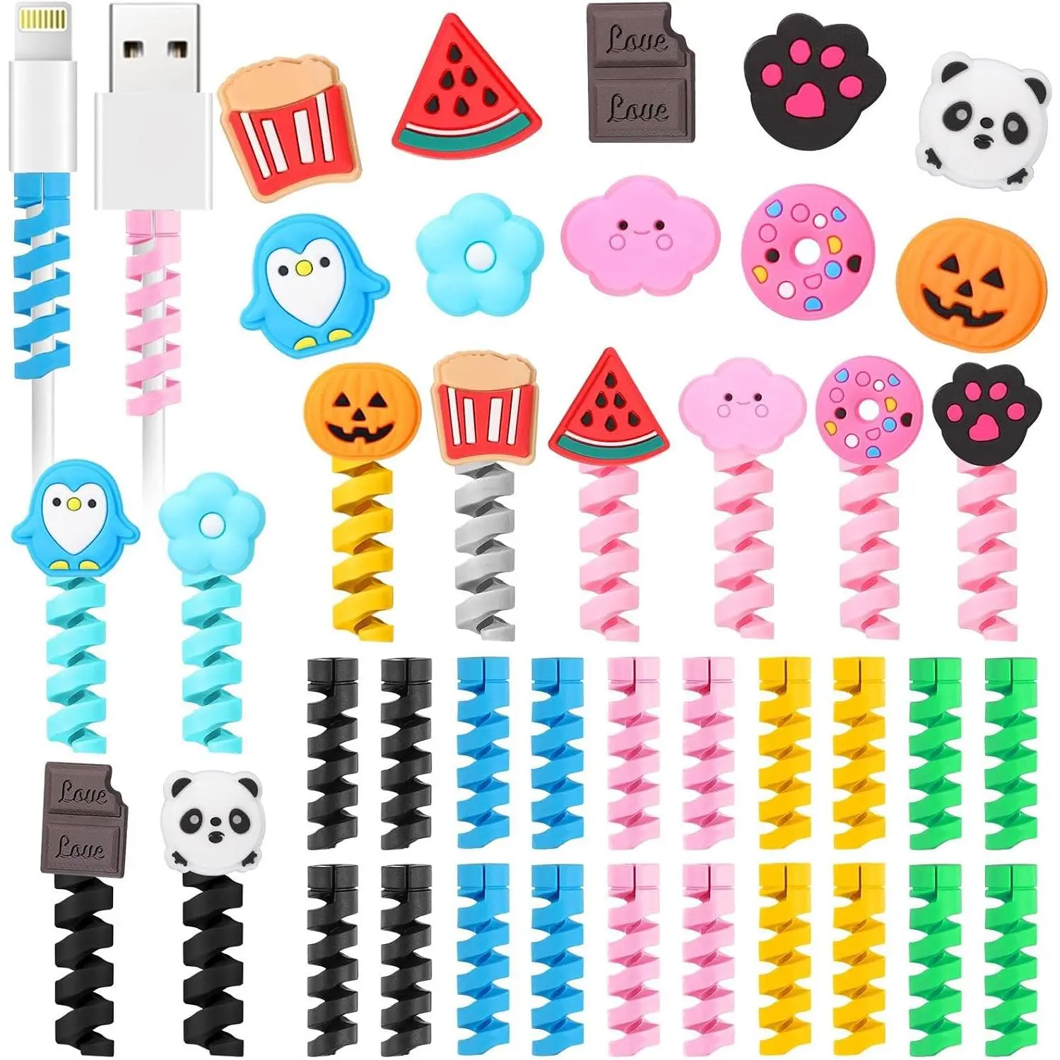 40 count Colorful Cartoon Charger  Protectors USB Charger Saver  Buddies Flexible  Wire Protectors Cute for  Cellphone Data Lines Chargers Accessory, Various Styles