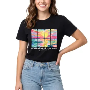 Women's Inspirational Graphic T-Shirt - "His Mercy is New Every Morning" Print, Casual Crew Neck Shortsleeve Apparel, Breathable Fabric, Vibrant Sunrise Design, Flattering Fit for Spring Summer of july loose women st cherry crazy cami set de mujer