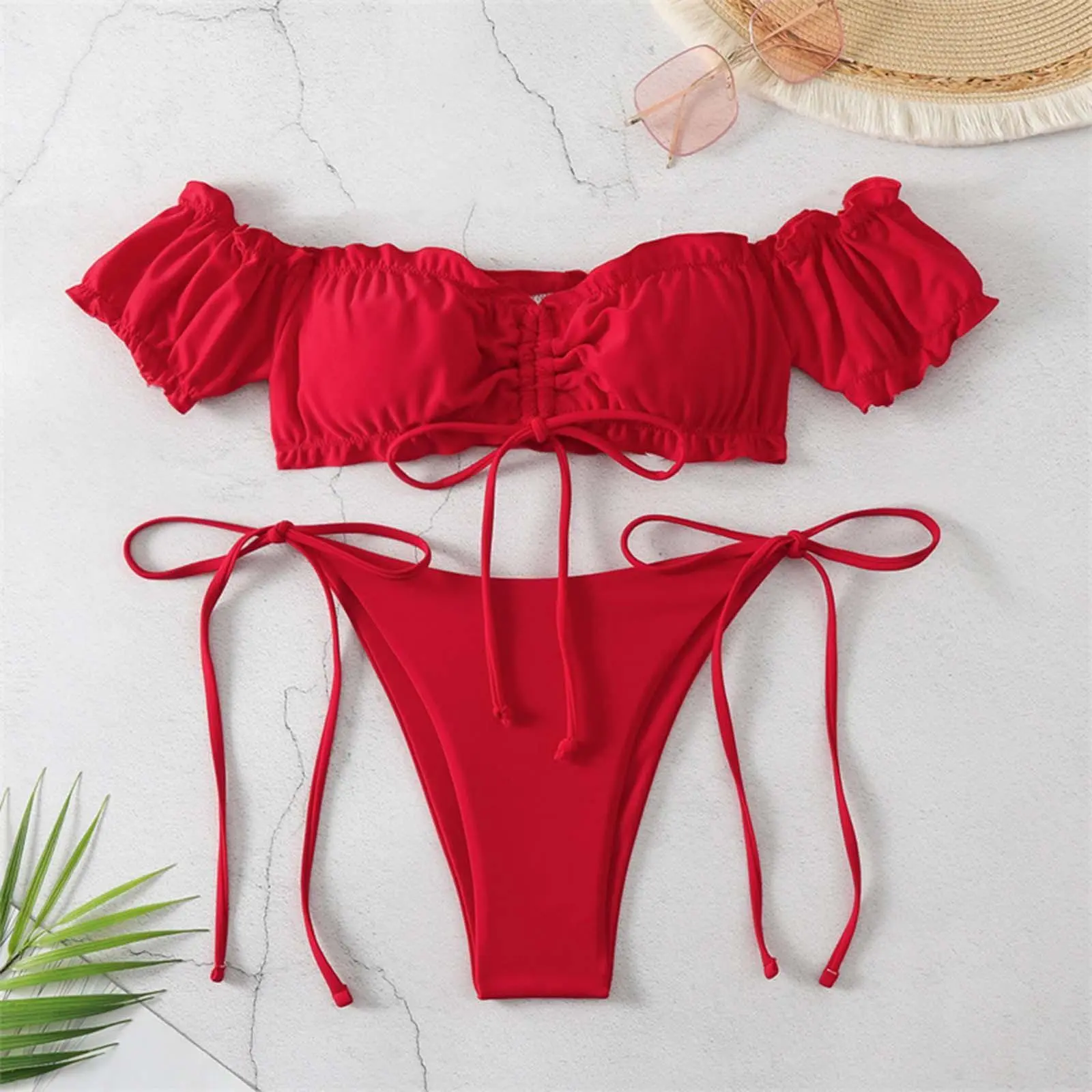 Women's Solid Red Brazilian Bikini Set, 2-Piece Bathing Suit with Shoulder Straps, Breathable Swimwear for Diving and Beach Holidays