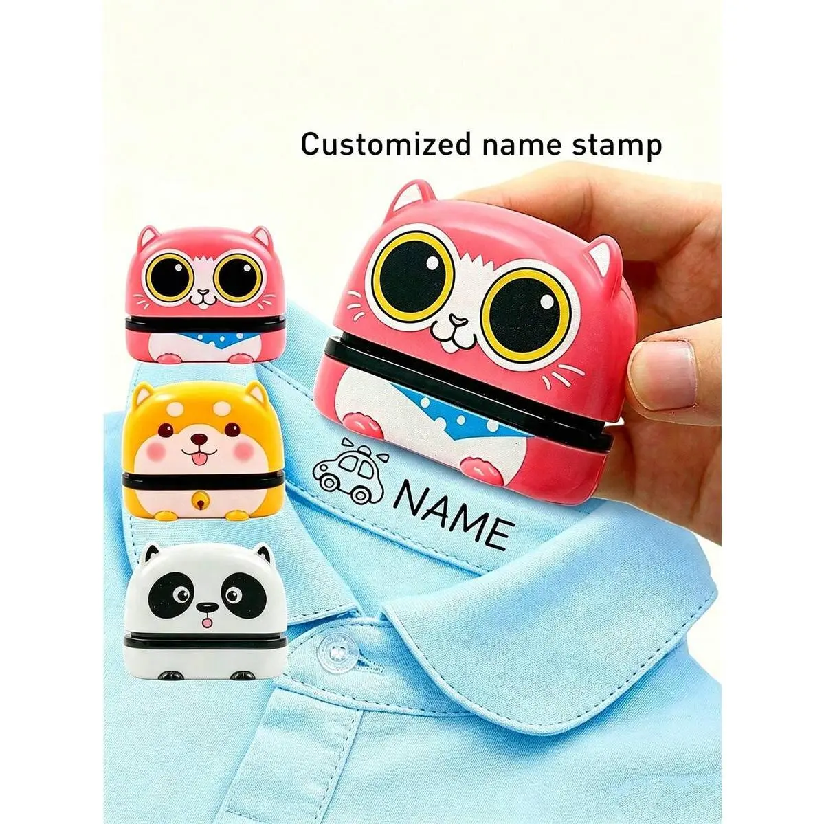 1pc Customized Cartoon Name Signature Stamp, Cartoon Pattern Name Stamp, DIY Customized Cartoon Automatic Ink Name Stamp, Waterproof Clothing Name Stamp, 4 Colors Available: Blue/Pink/Yellow/White, Content Size: 50x15mm, Personalized Gift
