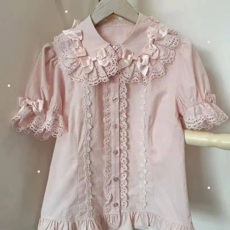 Japanese Kawaii Lolita Shirts Women Sweet Ruffles Puff Short Sleeve Slim Blouses Female Y2K Lace Bow Cute Tops Blusas Mujer