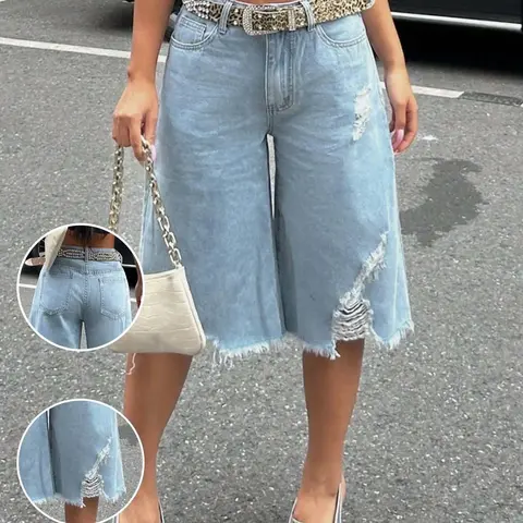 Women's Trendy Ripped Jeans Mid-Thigh Pants, Fashion Fitted Denim Fabric Shorts, Frayed Edge Design, All Seasons Plain Button Fly, Casual Style Womenswear Bottom