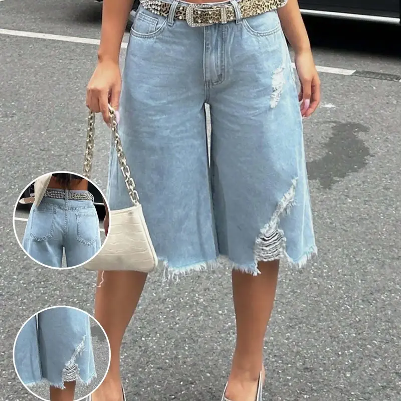 Women's Trendy Ripped Jeans Mid-Thigh Pants, Fashion Fitted Denim Fabric Shorts, Frayed Edge Design, All Seasons Plain Button Fly, Casual Style Womenswear Bottom