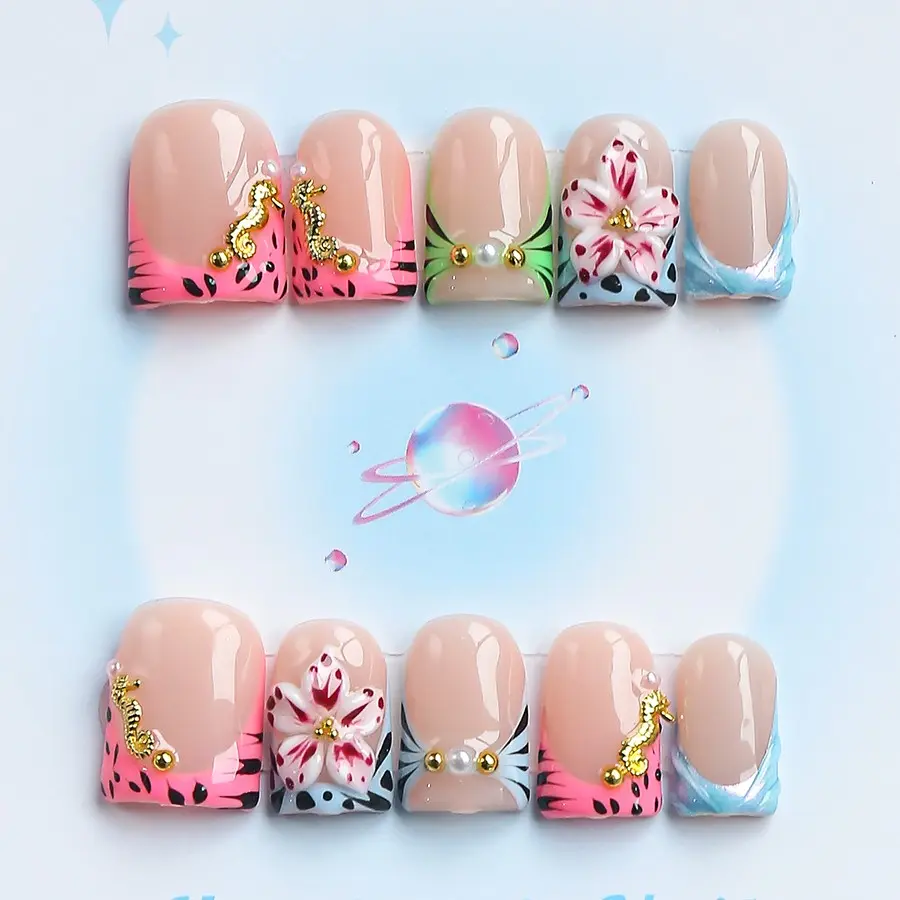 Nailssbysheccid, 10pcs press-on nails, Decorative nails, square shape, 100% handmade, simple style, French tips nails, 3D, suitable for dates, weddings, comes with jelly glue, crystal sticks and twisting rods