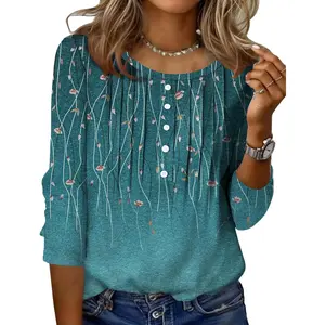3/4 Length Sleeve Women's Tops Round Neck Casual Summer Tunic Basic Tees Blouses Dressy T-Shirts Pleated Shirts