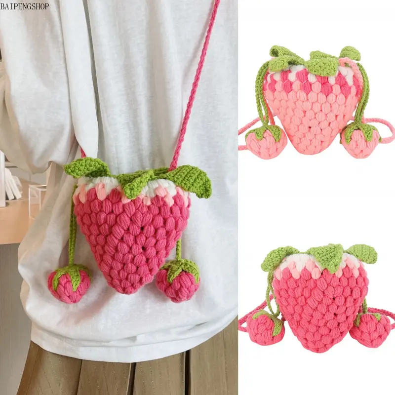 Women's 2026 Handmade Kawaii Crochet Crossbody Purse - Strawberry Yarn Compact Bag with Adjustable Strap for Daily Casual Use