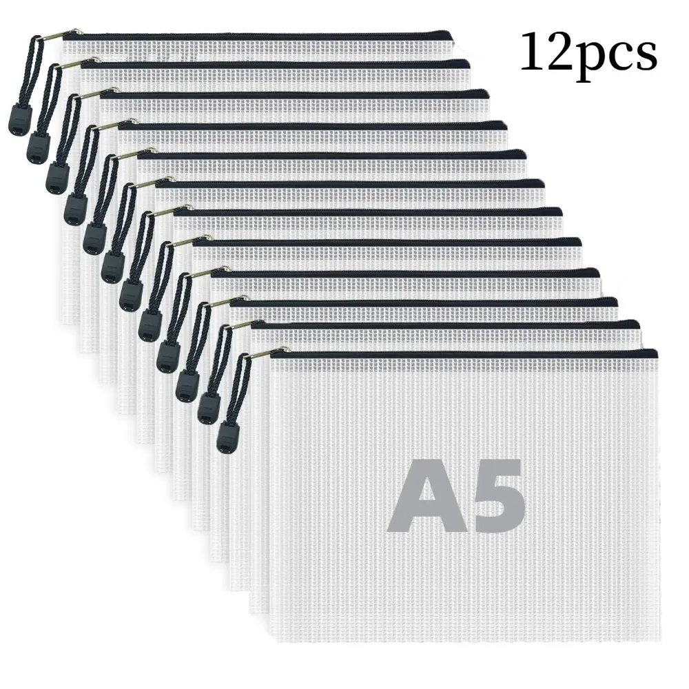 12/36 Pack Heavy Duty Clear Mesh Zipper File Pouches, A4 & A5 PVC Waterproof Document Storage Bags, Large Capacity Transparent Grid Flat Bag with Smooth Zipper, Zipper Organizer, Great for Student Exam Papers, Office Invoices & Stationery Organization
