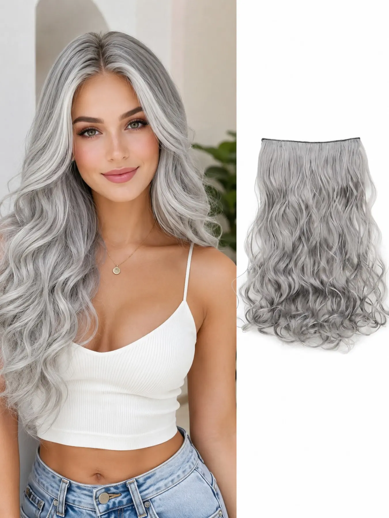 Clip-in synthetic hair extensions with five clips and curly hair—perfect for styling and adding volume.