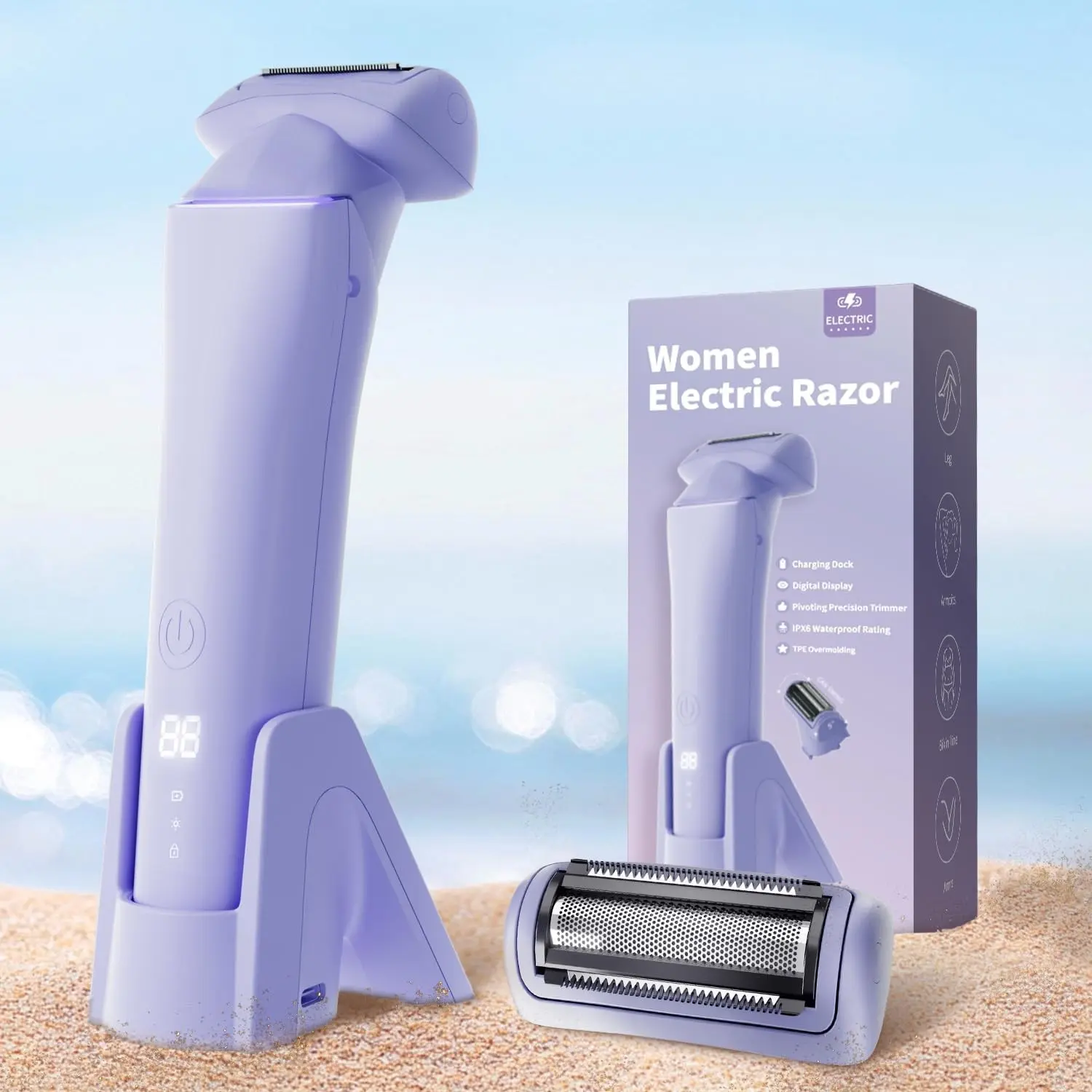 Women's Electric Razor with Charging Base, Ipx6 Waterproof, Digital Display, Body Hair Trimmer, Type-C Fast Charge, Travel Lock