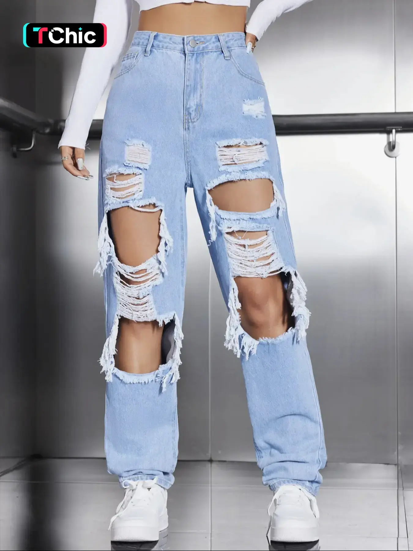 Women's High Waist Ripped Light Wash Jeans, Summer Fashion Casual Distressed Straight Leg Denim Pants Fit, Destroyed Hole Jeans, Lady Bottoms for Daily Wear Streetwear