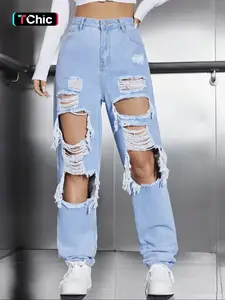 Women's High Waist Ripped Jeans, Fashion Casual Distressed Straight Leg Denim Pants, Destroyed Hole Jeans, Lady Bottoms for Daily Wear Streetwear
