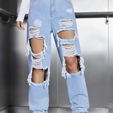 Women's High Waist Ripped Light Wash Jeans, Summer Fashion Casual Distressed Washed Ripped Straight Leg Street Style Denim Pants Fit, Destroyed Hole Jeans, Lady Bottoms for Daily Wear Streetwear