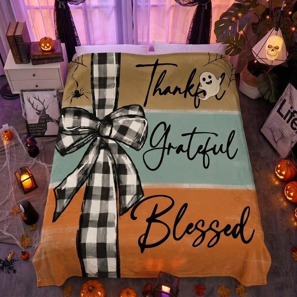Three Color Distressed Background Buffalo Plaid Bow Thankful Grateful Blessed Flannel Throw Blanket, Farmhouse Thanksgiving Soft Warm Blanket for Bedroom Sofa Couch Holiday Home Decor Gift 0713Y（53）