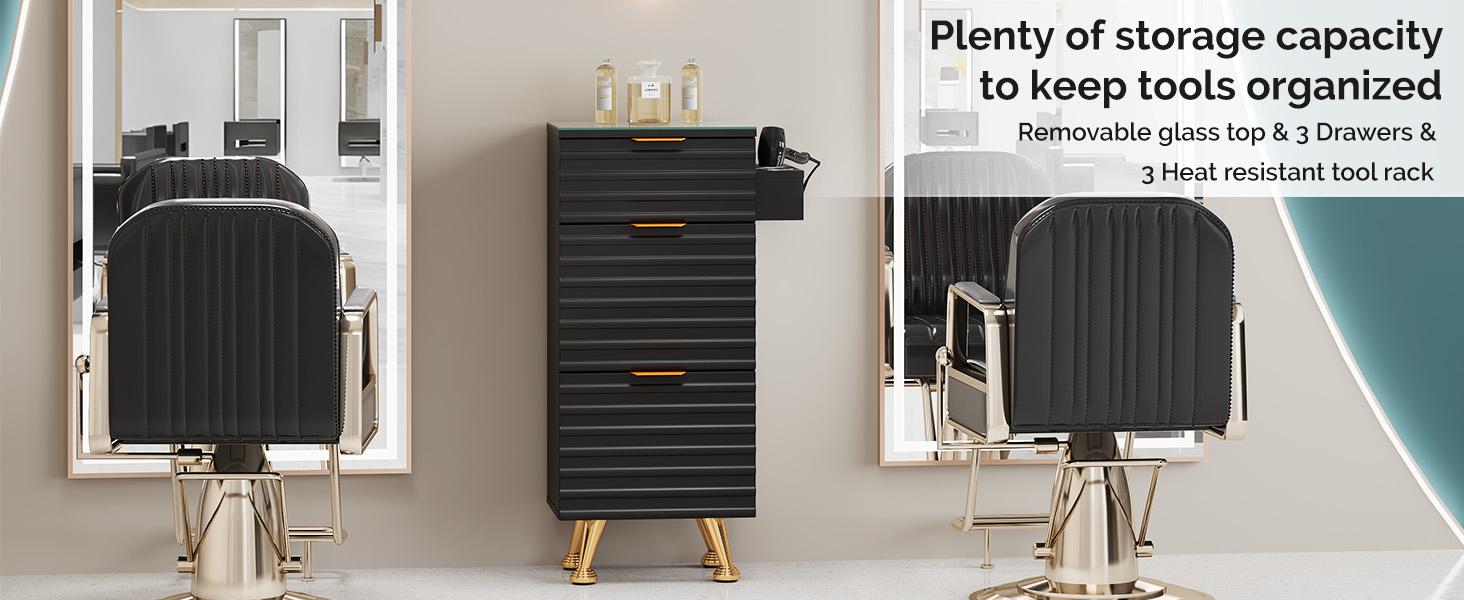 OmySalon Salon Stations for Hair Stylist, Barber Station with Glass Top & Drawers & Hot Tool Holder, Salon Storage Cabinet Hair Organizer Equipment for Beauty Spa Dresser