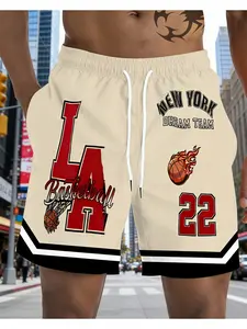 Cream NY Dream Team LA Basketball Number Print Mens Swim Shorts Breathable Loose Fit Water Resistant Side Pocket Beach Pants For Young Guys Urban Basketball Court Seaside Hangout Casual Outfit Trending LA NY Basketball Fashion Essential