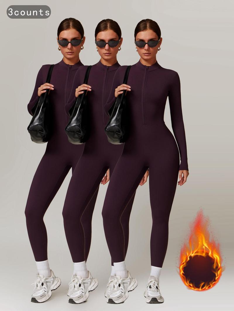 Women's Solid Zip-up Skiing Jumpsuit, Sporty Long Sleeve Onesie for Skiing Cycling, Fall & Winter Ladies Sportswear, Stretchable Activewear, Sporty Comfy Jumpsuit